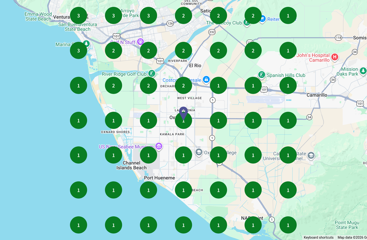 BrightLocal Local Search Grid for Americal Patrol: a 7 by 7 grid of 49 Google map-pack rank checks around the Oxnard office for the search unarmed security guard. Green pins mark the rank at each point; thirty-four show number 1 and all 49 rank in the top three.