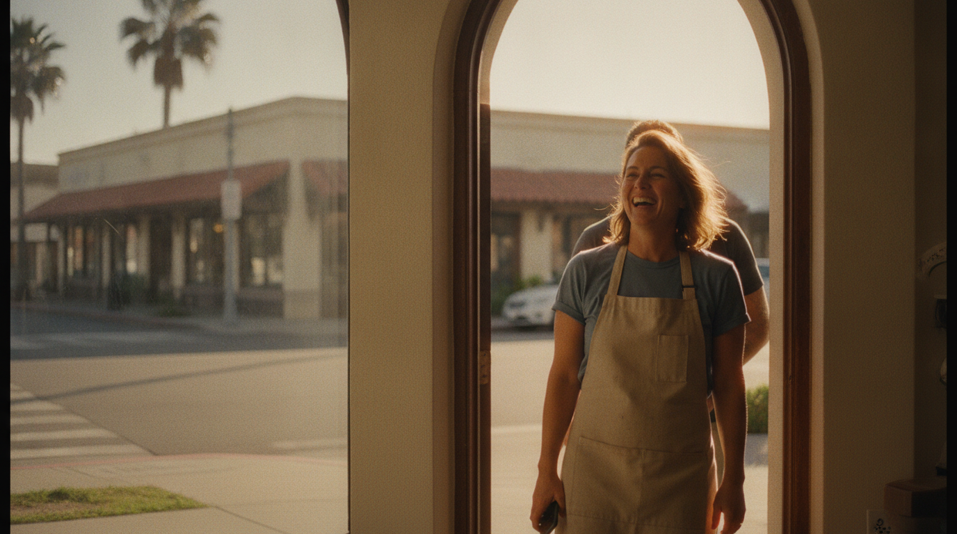 A California small-business owner laughing in the doorway of her main-street shop at golden hour