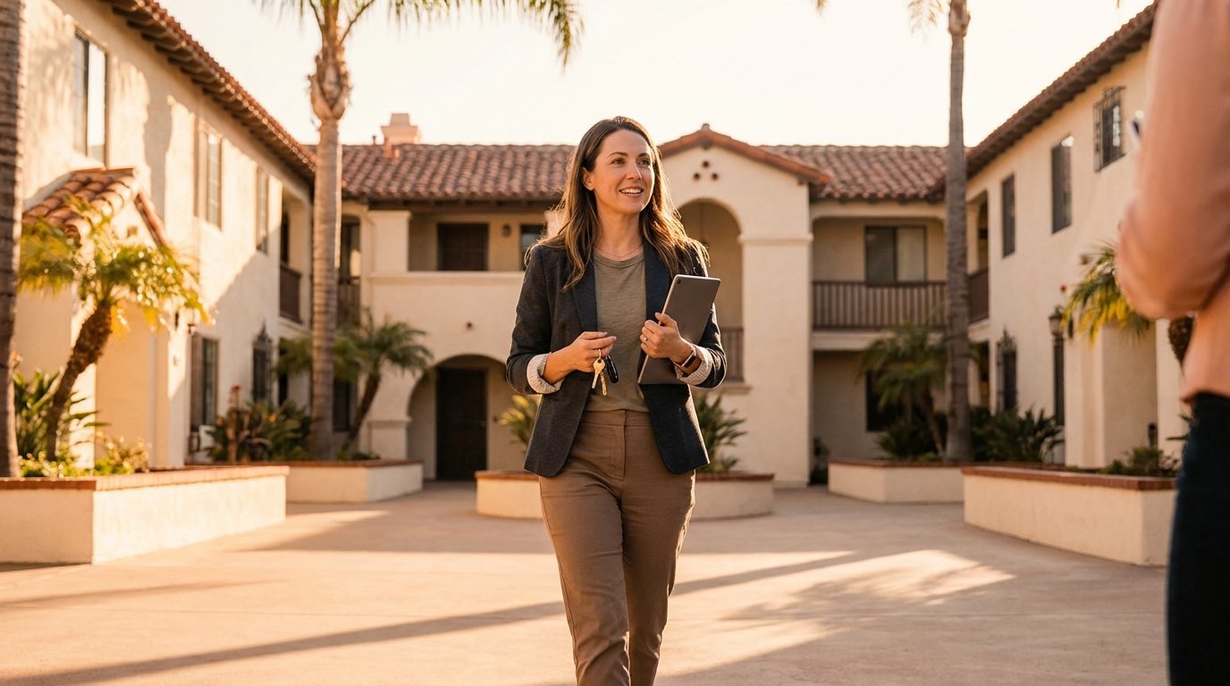 A property manager walking through a coastal California apartment courtyard with palm trees, holding a tablet