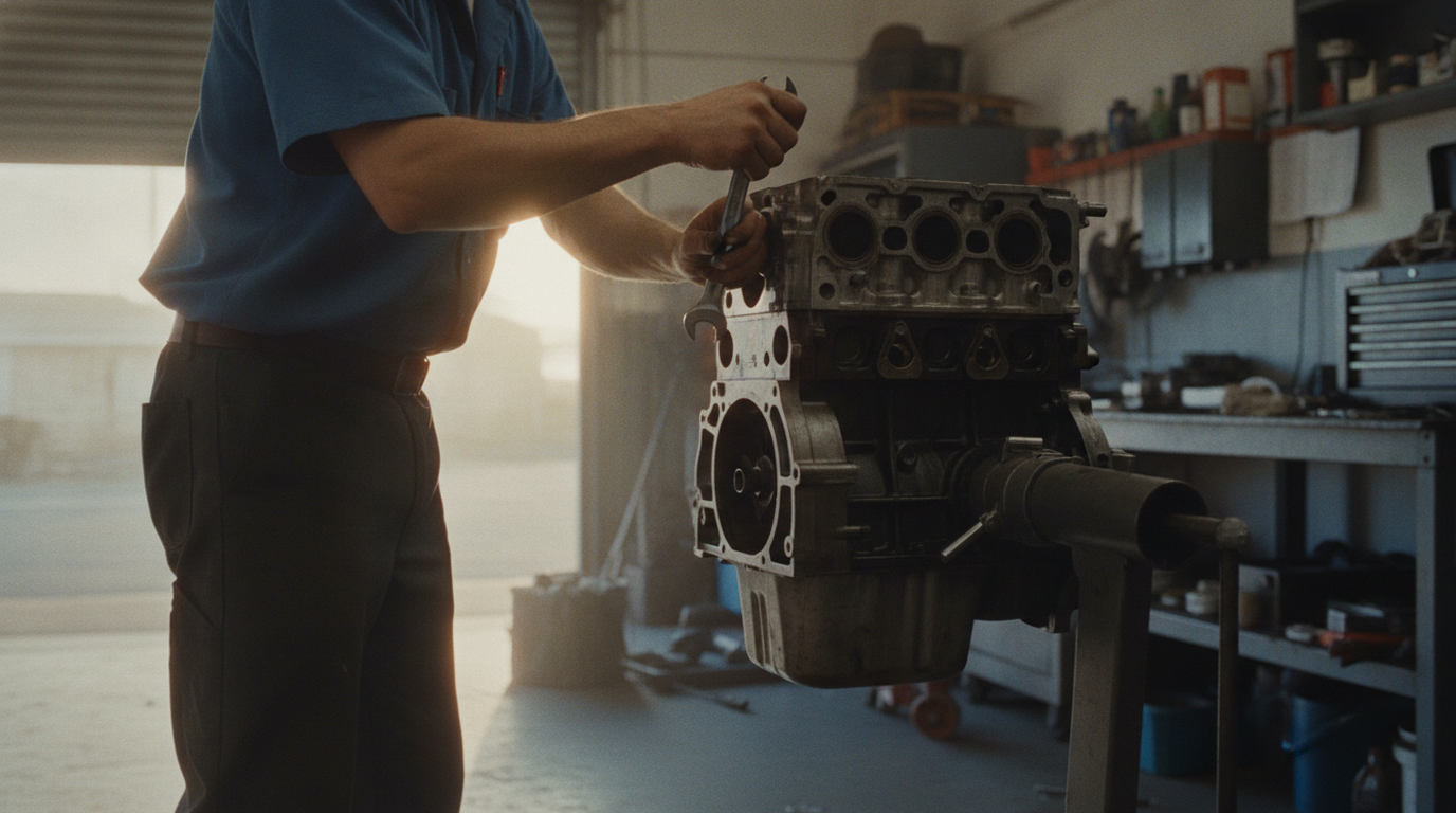 An independent mechanic's hands working on a rebuilt engine block in a California shop, warm light from the open bay door