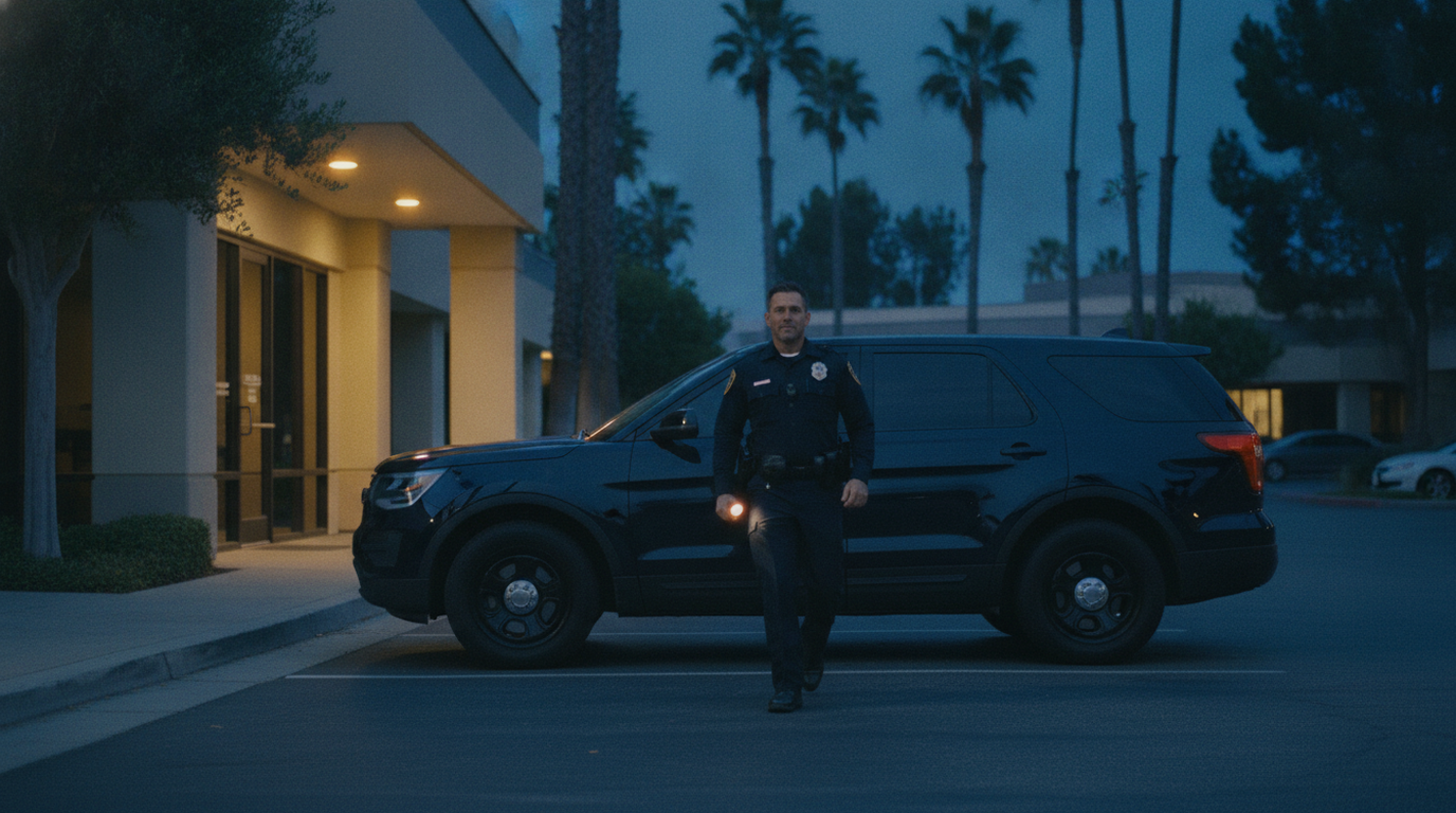A uniformed security officer on patrol beside an unmarked SUV at a California commercial property at dusk